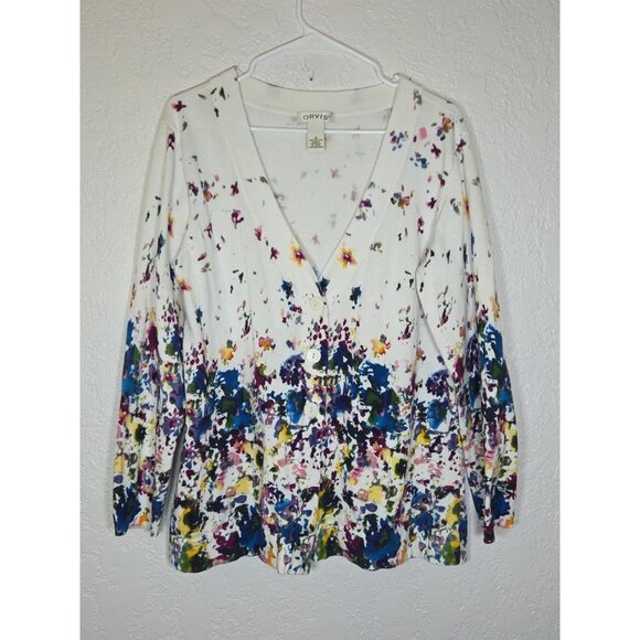 Orvis Cardigan Womens M Floral Watercolor Sweater Multi Color Medium - Picture 1 of 4